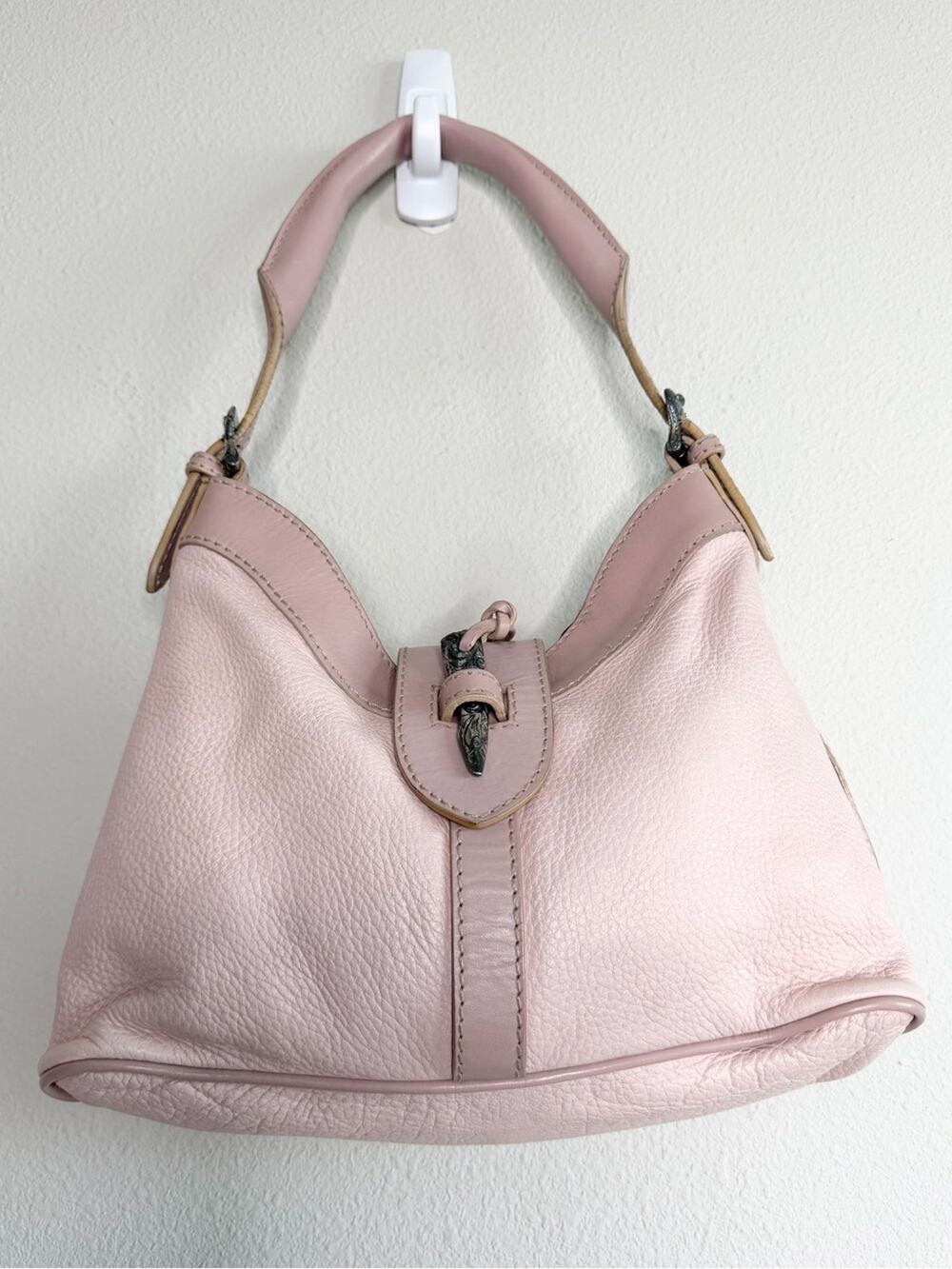 Valentino Garavani Blush Pink Leather Hobo Bag Engraved Buckle Purse